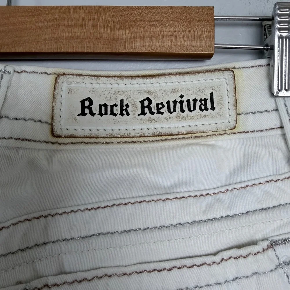 Rock Revival women's Arjean White Distressed Skinny‎ Jeans Thick Stitch 31